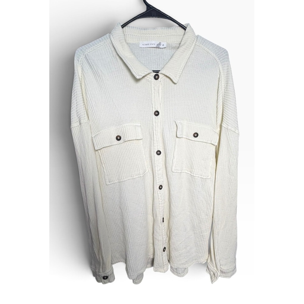 Altar'd State Womens Waffle Knit Button Down Shirt Cream Oversized Medium